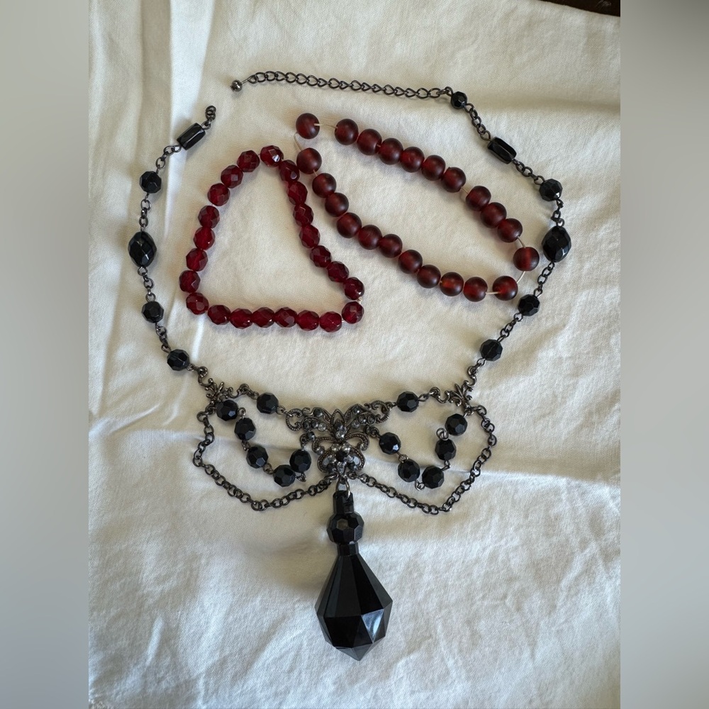 Early 2000s Gothic Style Black Necklace and 90s Red Glass Beaded Bracelets